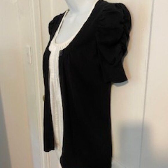 INC Black Knit Sweater w/ Puff Sleeves & Attached White Faux Cotton Top, Size P - Picture 2 of 4